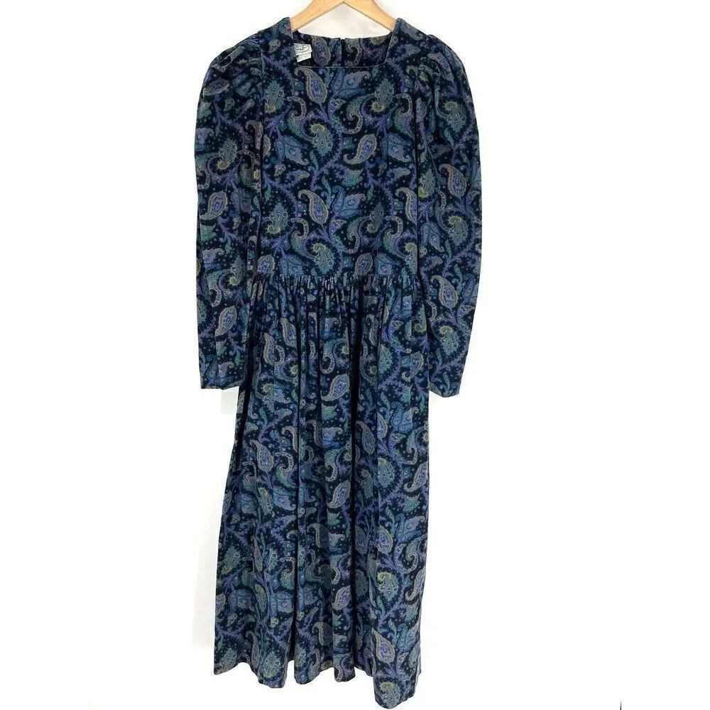 Laura Ashley Dress Size 8 Womens Navy Green Paisley Print Corduroy Great Britain
